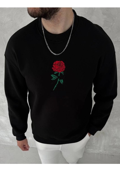 Unisex Bisiklet Yaka Ön ve Arka Baskılı Sweatshirt - Siyah -Vlmr