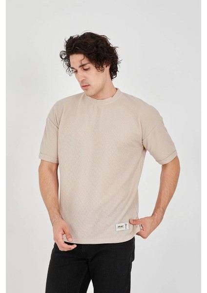 Unisex Waffle Kumaş Rahat Kol T-Shirt - Bej -Vlmr fiyatları