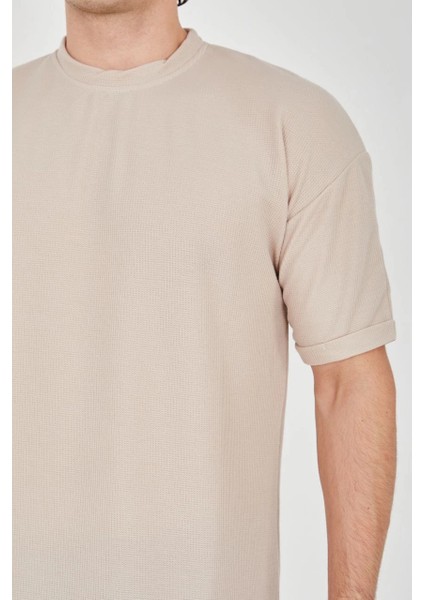 Unisex Waffle Kumaş Rahat Kol T-Shirt - Bej -Vlmr modelleri