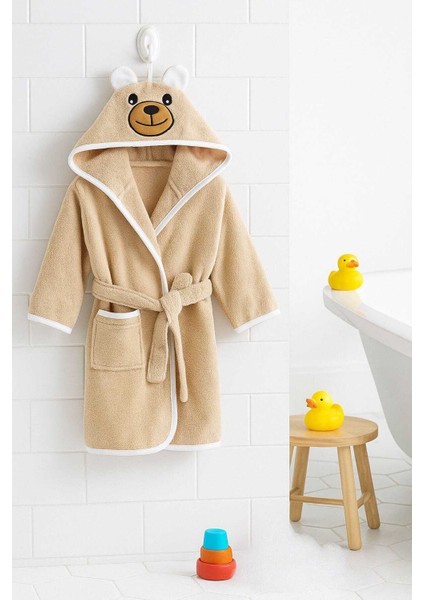 Kapşonlu Unisex &AMP;#37;100 Pamuklu Çocuk Banyo Bornozu Bear