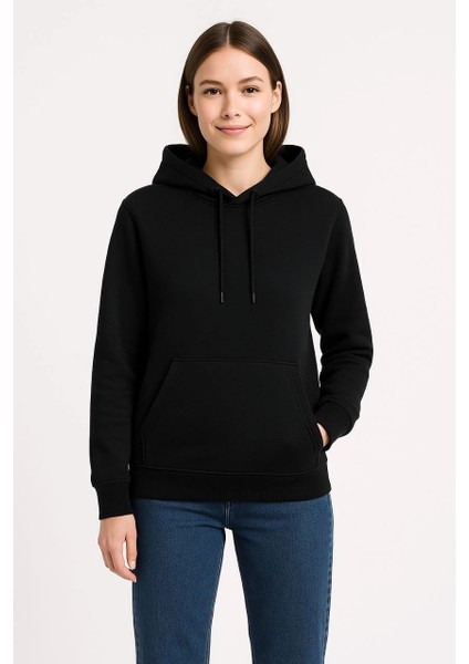 Kadın Üç Iplik Kapüşonlu Kanguru Cepli Sweatshirt Hoodie - Siyah -Vlmr