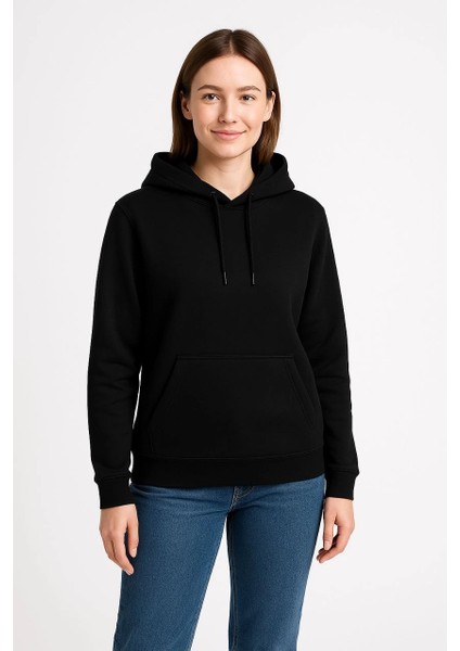 Kadın Üç Iplik Kapüşonlu Kanguru Cepli Sweatshirt Hoodie - Siyah -Vlmr indirimleri