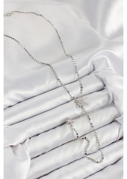 Pirinç Zirkon Taşlı Ezme Zincirli Kutup Yıldızı Model Gümüş Renk Y Kolye