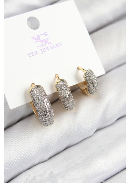 Pirinç Zirkon Taşlı 3'lü Halka Model Gold ve Gümüş Renk Kadın Küpe