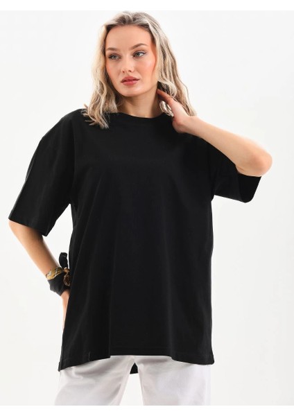 Unisex Bisiklet Yaka 20/1 Düz Oversize T-Shirt - Siyah -Vlmr