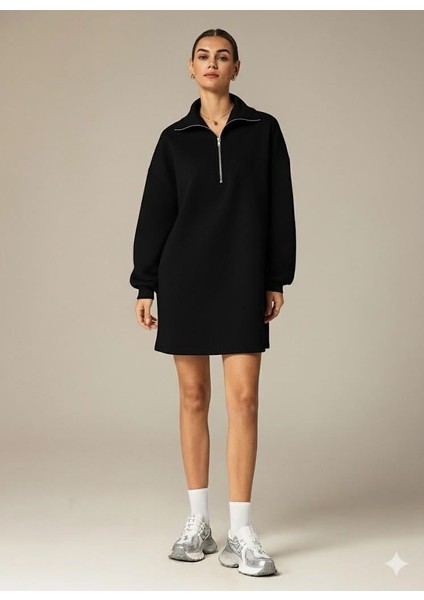 3 Iplik Şardonlu Siyah Oversize Fermuarlı Tunik Sweatshirt - Günlük Spor Elbise