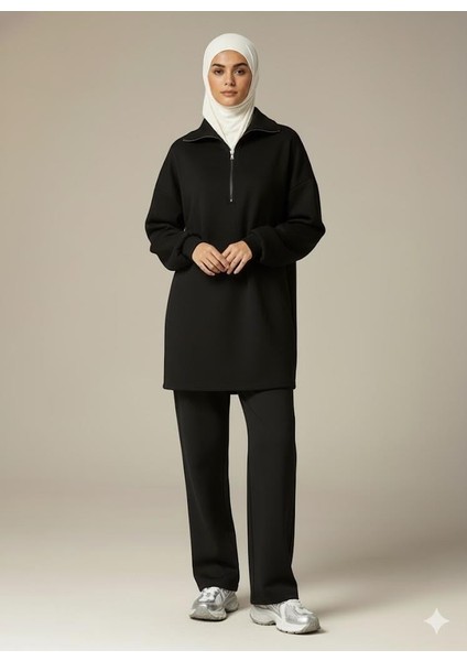 3 Iplik Şardonlu Siyah Oversize Fermuarlı Tunik Sweatshirt - Günlük Spor Elbise fiyatları