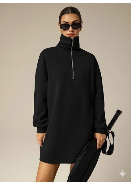3 Iplik Şardonlu Siyah Oversize Fermuarlı Tunik Sweatshirt - Günlük Spor Elbise modelleri