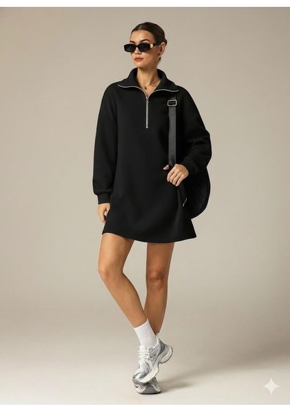 3 Iplik Şardonlu Siyah Oversize Fermuarlı Tunik Sweatshirt - Günlük Spor Elbise fırsatları
