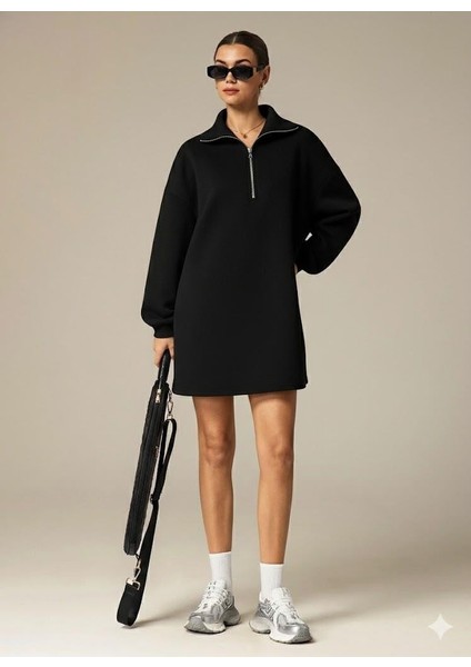 3 Iplik Şardonlu Siyah Oversize Fermuarlı Tunik Sweatshirt - Günlük Spor Elbise indirimleri