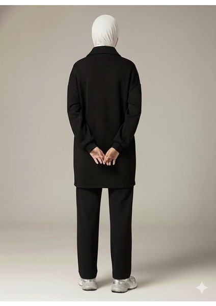 3 Iplik Şardonlu Siyah Oversize Fermuarlı Tunik Sweatshirt - Günlük Spor Elbise