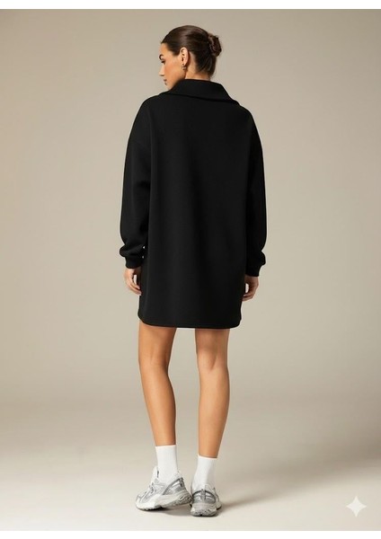 3 Iplik Şardonlu Siyah Oversize Fermuarlı Tunik Sweatshirt - Günlük Spor Elbise