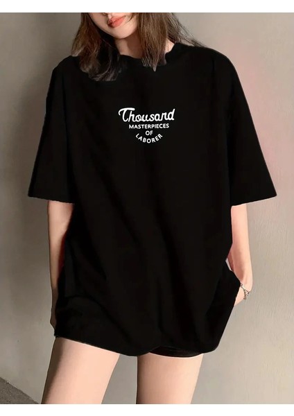Thousand Ön Arka Baskılı Oversize Bisiklet Yaka T-Shirt - Siyah -Vlmr