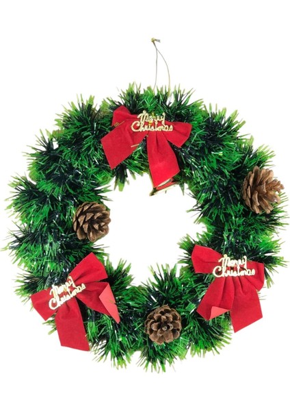 25CM Yılbaşı Kapı Çelengi – Kırmızı Kurdele ve Kozalak Süslemeli Noel Dekoru, Ev ve Ofis Duvar Süslemesi, Festive Christmas Wreath