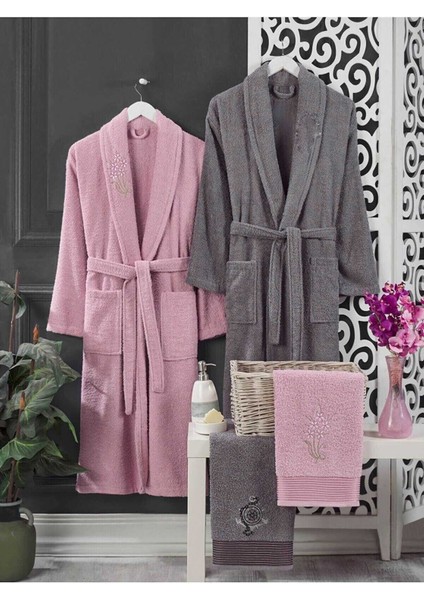 4 Parça Aile Bornoz Seti Kadın Erkek Havlulu Bornoz Takımı 100 Pembe Gri