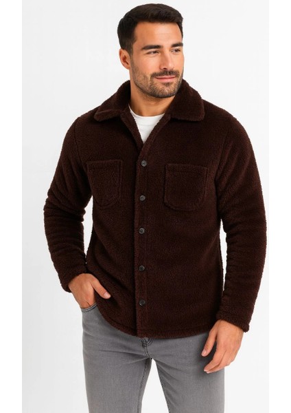 Erkek Pelüş Polar Hırka Gömlek - Kahverengi -Vlmr