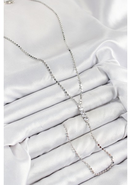 Pirinç Zirkon Taşlı Ezme Zincirli Model Gümüş Renk Y Kolye