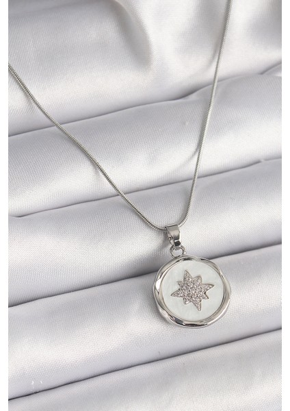 316L Çelik Gümüş Renk Zincir Beyaz Sedefli Zirkon Taşlı Yıldız Işleme Model Kadın Kolye fiyatları