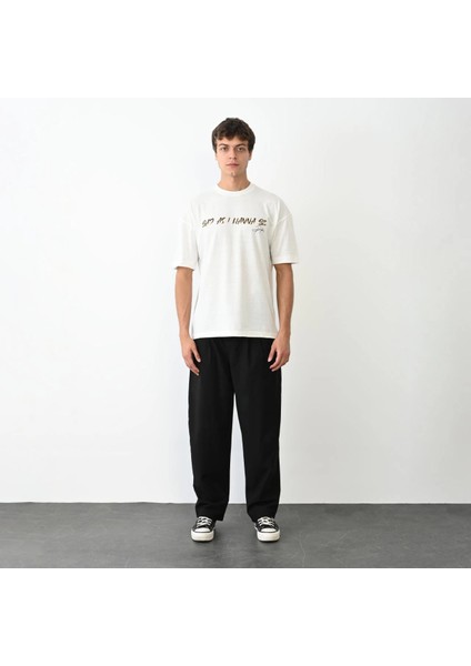 Unisex Bisiklet Yaka Baskılı Oversize T-Shirt - Beyaz -Vlmr