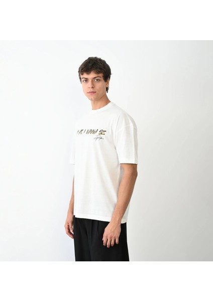 Unisex Bisiklet Yaka Baskılı Oversize T-Shirt - Beyaz -Vlmr fiyatları