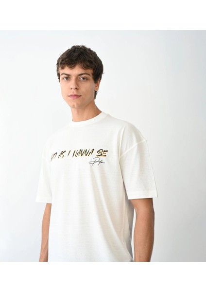 Unisex Bisiklet Yaka Baskılı Oversize T-Shirt - Beyaz -Vlmr modelleri