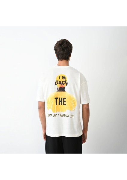 Unisex Bisiklet Yaka Baskılı Oversize T-Shirt - Beyaz -Vlmr fırsatları