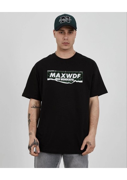 Unisex Bisiklet Yaka Baskılı Oversize T-Shirt - Siyah -Vlmr