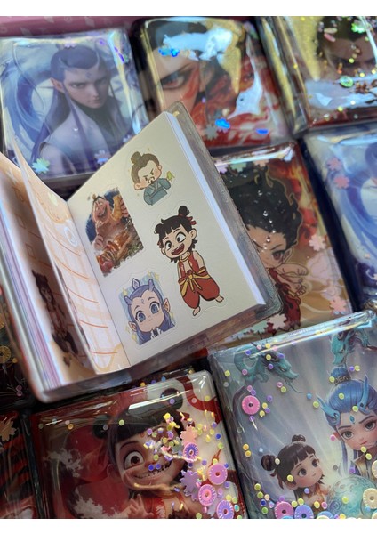 ne zha nezha 3 adet mini sulu - pullu sticker defteri 300 stickerlı not defteri