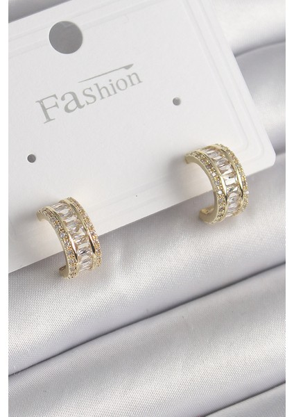 Pirinç Gold Renk Zirkon Taşlı Halka Model Kadın Küpe