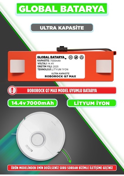 Roborock Q7 Max Uyumlu Akıllı Robot Süpürge Bataryası 14.4V 7000MAH Li-Ion Pil (Ultra Kapasite)