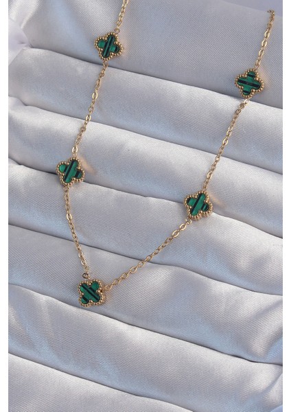 316L Çelik Gold Renk Minimal Yeşil Mineli Yonca Kolye fiyatları