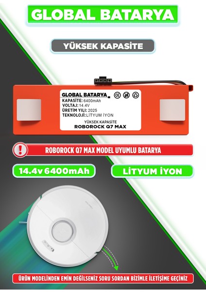 Roborock Q7 Max Uyumlu Akıllı Robot Süpürge Bataryası 14.4V 6400mAh Li-Ion Pil (Yüksek Kapasite)