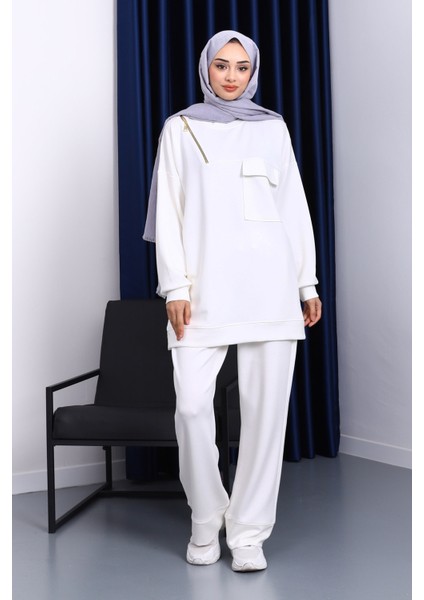 Ekru Tek Cepli Tunik Pantolonlu Modal Takım