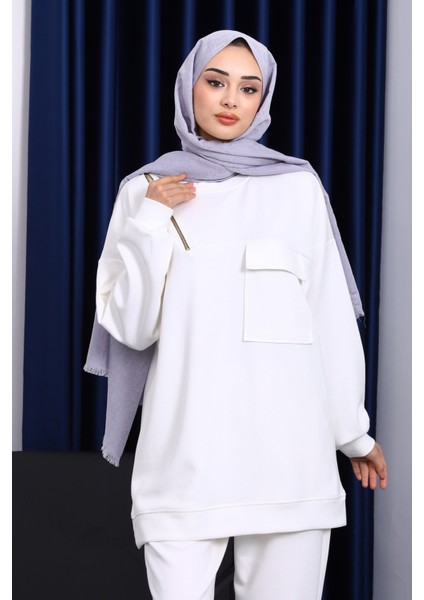 Ekru Tek Cepli Tunik Pantolonlu Modal Takım modelleri