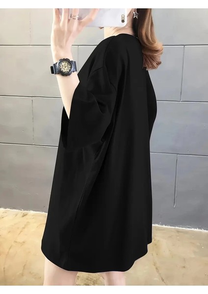 20/1 Penye Compack Ön Arka Baskılı Oversize Bisiklet Yaka T-Shirt - Siyah -Vlmr modelleri