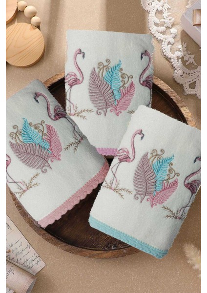 3 Lü Renkli Kuğu Nakışlı Su Taşı Kenar Işlemeli Havlu Seti 50X90 cm