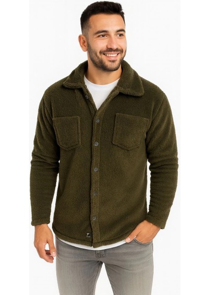 Erkek Pelüş Polar Hırka Gömlek - Haki -Vlmr
