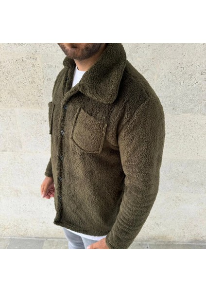 Erkek Pelüş Polar Hırka Gömlek - Haki -Vlmr modelleri