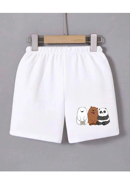 Kadın Beli Lastikli Baskılı Mini Şort - Beyaz -Vlmr