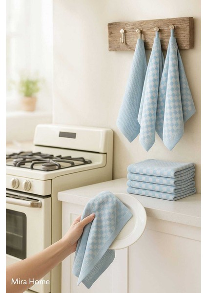 10 lu Dama Desenli Mutfak Kurulama Bezi 50x70 Cm Mavi