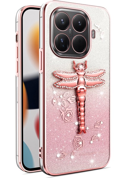 Xiaomi 15T Pro Kılıfı Dragonfly Kickstand Tpu Çiçekli Simli Telefon Kılıfı - Pembe (Yurt Dışından)