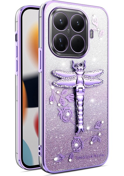 Xiaomi 15T Pro Kılıfı Dragonfly Kickstand Tpu Çiçekli Simli Telefon Kılıfı - Mor (Yurt Dışından)