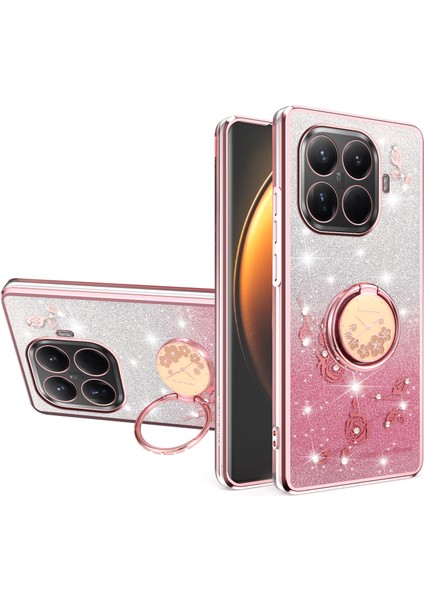 Xiaomi 15T Pro Kılıf Halka Ayaklı Tpu Çiçekli Telefon Kılıfı Degrade Simli - Gül Altını (Yurt Dışından)