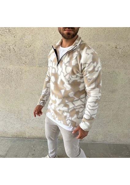 Erkek Yarım Fermuarlı Desenli Polar Sweat Yakalı, Uzun Kollu, Oversize Rahat Kalıp - Bej -Vlmr fiyatları