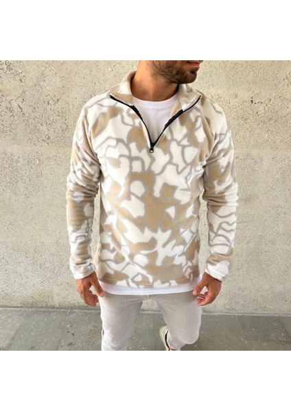 Erkek Yarım Fermuarlı Desenli Polar Sweat Yakalı, Uzun Kollu, Oversize Rahat Kalıp - Bej -Vlmr modelleri