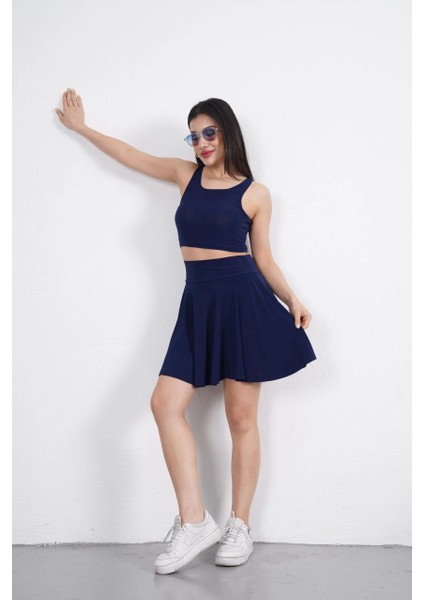 Sendy Kumaş Bisiklet Yaka Crop Şortlu Etek Ikili Takım - Lacivert -Vlmr modelleri
