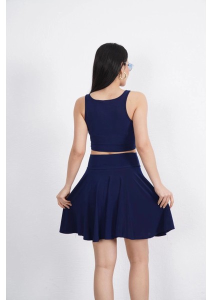 Sendy Kumaş Bisiklet Yaka Crop Şortlu Etek Ikili Takım - Lacivert -Vlmr indirimleri