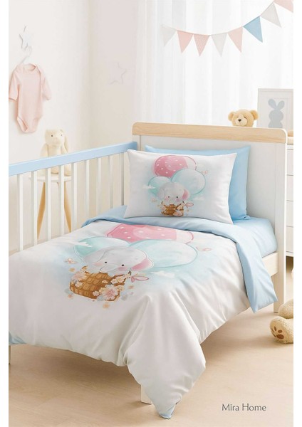 Dijital Baskılı 3D Pamuklu Yenidoğan Bebek Nevresim Takımı Elephant Baloon Blue