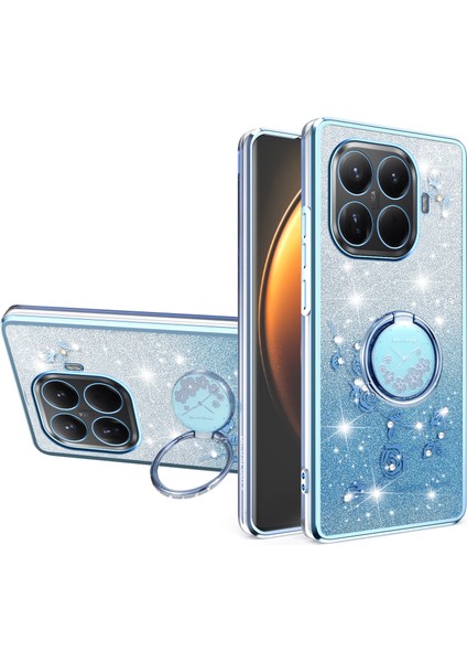 Xiaomi 15T Pro Kılıf Halka Ayaklı Tpu Çiçekli Telefon Kılıfı Degrade Simli - Mavi (Yurt Dışından)