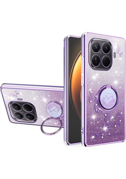 Xiaomi 15T Pro Kılıf Halka Ayaklı Tpu Çiçekli Telefon Kılıfı Degrade Simli - Mor (Yurt Dışından)